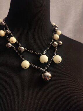 KJL Kenneth Jay Lane Pewter Gray & White Ball Double Strand Necklace Signed 18"